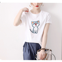 Japanese womens summer comfortable soft silky mesh embroidery cute kitty loose short-sleeved TEE shirt