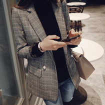 Large size plaid blazer womens long 2021 Spring and Autumn new casual Joker slim fat mm small suit