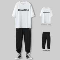 Summer white loose net red tide brand short-sleeved t-shirt mens trend fog ruffian handsome suit Mens set with handsome