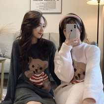 Japanese Gelato Day Ensemble Cartoon Round Collar Long Sleeves Thickened Warm Autumn Winter Sleeping Dress Lengthened Over Knee Coral Suede Long Dress