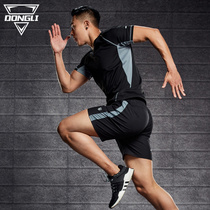 Running sports suit mens summer short-sleeved equipment gym sweat-absorbing quick-drying loose morning running ice silk fitness clothes