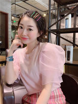 BORAKOO Korea Dongdaemun 19 Summer self-stay knock beauty~Pink mesh silhouette bubble sleeve short-sleeved T-shirt