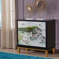 New Chinese style drawer storage cabinet simple modern living room light luxury stainless steel painted landscape six buckets solid wood bedside table