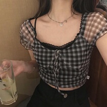 Retro Port Taste Black & White Plaid Short Sleeve Shirt Woman Design Sensation Small Crowd Bubble Sleeves Short blouses Blouse Ruvel Linen Shirt Summer