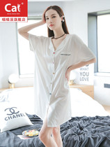 2021 new night dress womens summer sexy ice silk short-sleeved medium-long shirt pajamas thin section loose home clothes