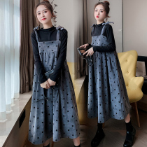 Maternity dress spring two-piece long sleeve top polo corduroy strap skirt spring and autumn dress set tide mother