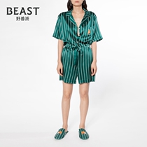 THEBEAST Fauvism Little Fox Green Striped Print Silk Short Sleeve Shorts for Outside Pajama Home Clothes