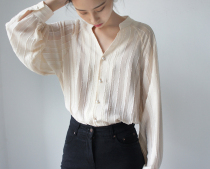 Exclusive milk apricot V collar vertical texture lantern loose long sleeve shirt gentle elegant fairy half through