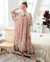 Summer women short sleeve cotton silk skin-friendly bat sleeve size dress pajamas nightgown dress home dress fat MM wear