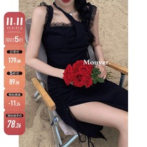 Spot Barbie black fake two-piece sling dress female summer design feeling irregular waist split skirt