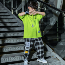 Hip-hop boy hip-hop suit children hiphop loose short-sleeved plaid trousers childrens hip-hop costume performance tide