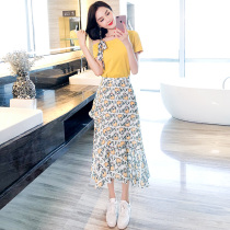 Skirt summer Women 2021 summer dress new flower yellow dress fairy thin fried street suit dress two-piece