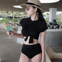 Korean conservative retro swimsuit womens short sleeve high waist boxer split two-piece bikini flat chest swimsuit