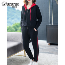 Ducurno Autumn Winter Thickening Warm Leisure Sports Suit Women Fashion-to-cap cardiovert sweatpants Two sets