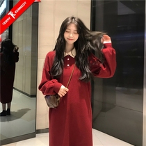 Maternity wear autumn and winter 2022 new knitted breastfeeding dress small red tide mom sweater skirt mid-length