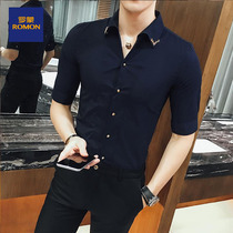 Romon summer short-sleeved shirt mens mid-sleeve Korean version slim casual trend hair stylist white male handsome five-point sleeve