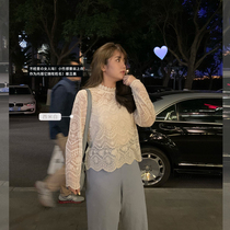 Toe tendons fat temperament semi-high collar hollow lace base shirt winter new inner design sense of long-sleeved top women