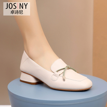 Zhuo Shini 2021 spring new loafers womens middle heel deep mouth bow thick with Joker Korean soft leather single shoes
