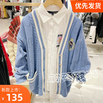 2022 spring new loose Cubs v collar JK uniform knit cardiovert cardiovercoat sweater female TTCK22D203I