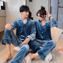 High-end gold velvet couple pajamas womens fall winter 2021 new long-sleeved cardigan set Korean version of mens home wear