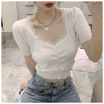 Bubble sleeve short sleeve t-shirt women 2020 new short thin sweater slim lace stitching square collar top