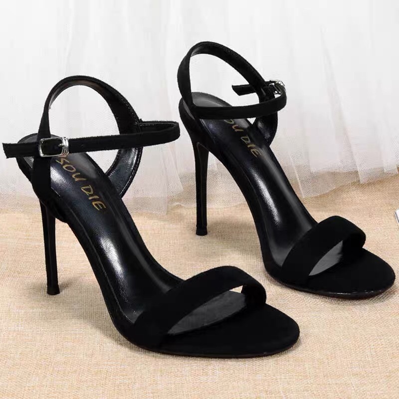 2026 Summer New Suede Round-Toe Stiletto Heels Open-Toe Strap Sandals Versatile Black Dress Banquet Shoes