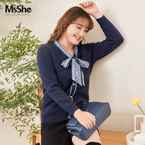 MsShe large size womens womens fat winter high texture temperament printed silk scarf collar single-breasted decorative slim sweater