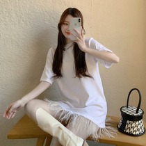 2021 spring and summer new autumn and winter Korean short-sleeved womens new feather burrs design sense niche solid color top trend