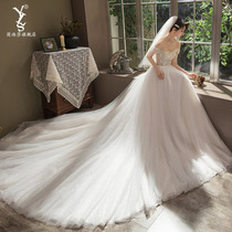 A word shoulder trailing light wedding dress 2021 new bride temperament pregnant women Palace style dress main yarn winter winter