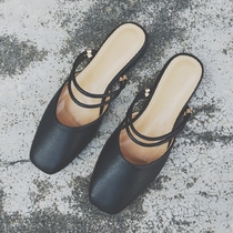 Summer low-heeled square head half-bracket single shoes one shoe two sandals Cool drag women wear flat temperament Baotou half slippers