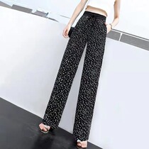 Ice Silk Polo Dots Straight Barrel Broadlegged Pants Womens Slim Fit Summer New Korean Version Loose Sense Tightness Tightness Waist Tug Pants