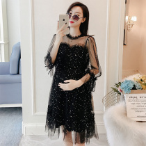 Pregnant Women summer dress 2021 hot mom skirt mesh shiny Jingjing stitching top fairy Net red banquet dress