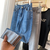 Luxury high-end Italian soft denim thin straight thin nine-point pants bead chain flanging jeans spring and summer