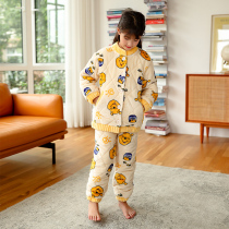 Girls coral velvet three-layer cotton pajamas autumn and winter childrens flannel home clothing middle-aged children plus velvet thickened