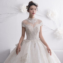 One shoulder French heavy main wedding dress 2020 new drag exhaust quality bridal wedding dress pregnant woman simple and thin