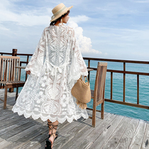 Wavy flared sleeves long cardigan Bikini swimsuit jacket Belted thin beach blouse