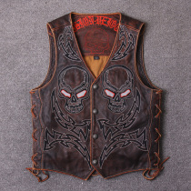 Pijue new casual leather motorcycle vest youth slim-fit embroidered skull suit mens collarless horse clip waistcoat