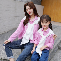 Parent-child spring 2021 new fashion Korean fashion spring and autumn mother and daughter striped shirt shawl cotton fake two-piece set
