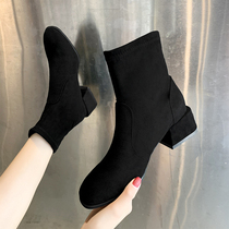 Short boots female middle heel stretch boots square head ins Net red slim boots Joker shoes women autumn and winter plus velvet boots