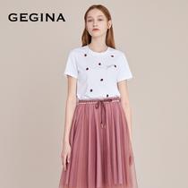 GEGINA Gigina Womens Year New Round Neck Flower Embroidery Loose T-shirt Base Top Joker