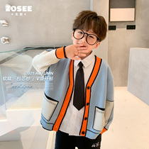 Left West Boys Cardigan Jacket Jacket Spring and Autumn Children Boys Knitted Sweater Middle Children Autumn Clothing 2021 New Tide