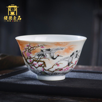 Full hand painted pastel plum wife crane son master cup Jingdezhen Kung Fu ceramic tea set Tea cup large single cup