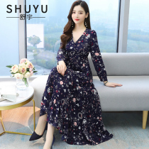 Chiffon dress womens long sleeves 2021 Autumn New Korean version of waist thin temperament long V-neck skirt