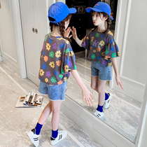 Girl trend short sleeve loose 2021 summer new children half sleeve Korean version of foreign style medium big childrens clothing leisure foreign atmosphere