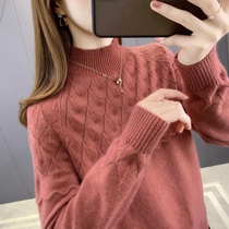  Semi-turtleneck sweater womens autumn and winter new loose outer wear western style all-match plus velvet thickened inner knitted bottoming shirt