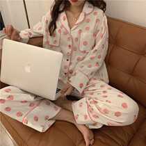 Sweet pajamas womens long-sleeved spring and autumn cotton gauze loose breathable cute home clothes suit Korean summer