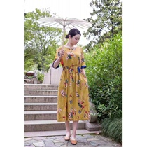 Yunjun cotton and hemp original womens clothing with the same cotton and hemp waist dress loose and comfortable casual temperament waist is thin