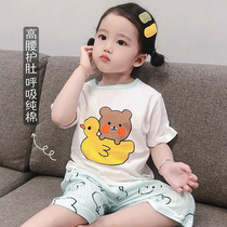 Child sleepwear short sleeve male and female child air conditioning medium sleeve baby home Clothing Thin pure cotton High waist Tummy Tummy Summer