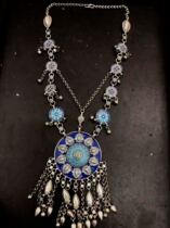 Indian Exotic Turkmen Afghan colored glaze handmade old silver necklace