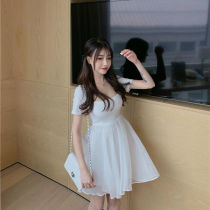 Small Andromeda 2021 Summer new Korean version of the side Square Neckline to receive waist short sleeves Dress Skirt Woman Fluffy Skirt